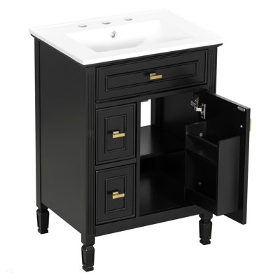 Meuble-lavabo de 24 po avec lavabo, armoire en bois massif et panneau de fibres à densité moyenne avec un tiroir rabattable, deux tiroirs standard et une tablette réglable, meuble-lavabo noir autoportant pour le rangement de la salle de bain