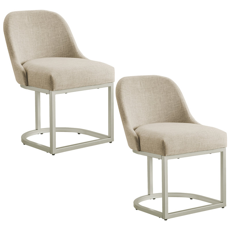 Borgos Linen Upholstered Barrelback Metal Base Dining Chair, Silver, Beige