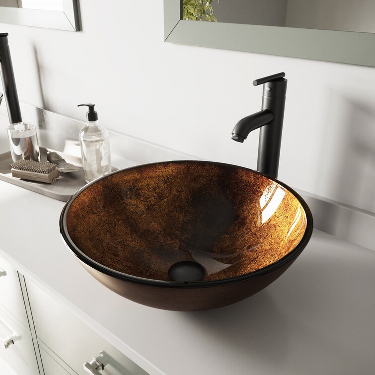 Russet Glass Circular Vessel Bathroom Sink with Faucet