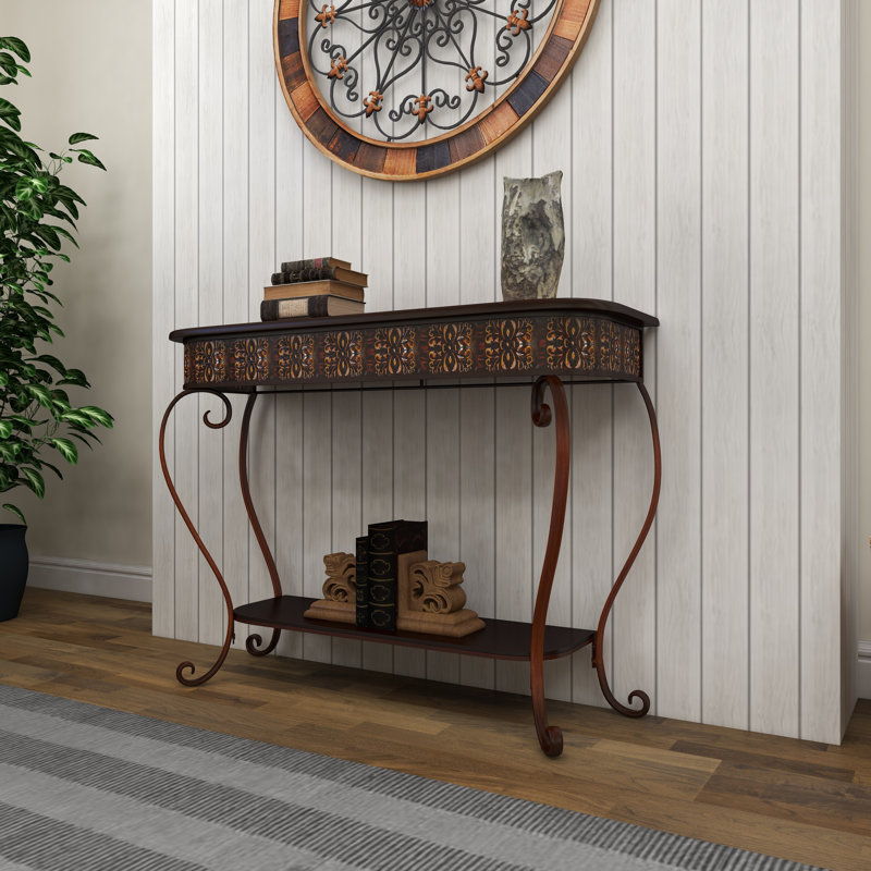 Metal Embossed 1 Shelf Floral Console Table with Ornate Scroll Legs