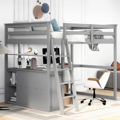 Lit mezzanine double avec bureau et tablettes, deux tiroirs intégrés, gris