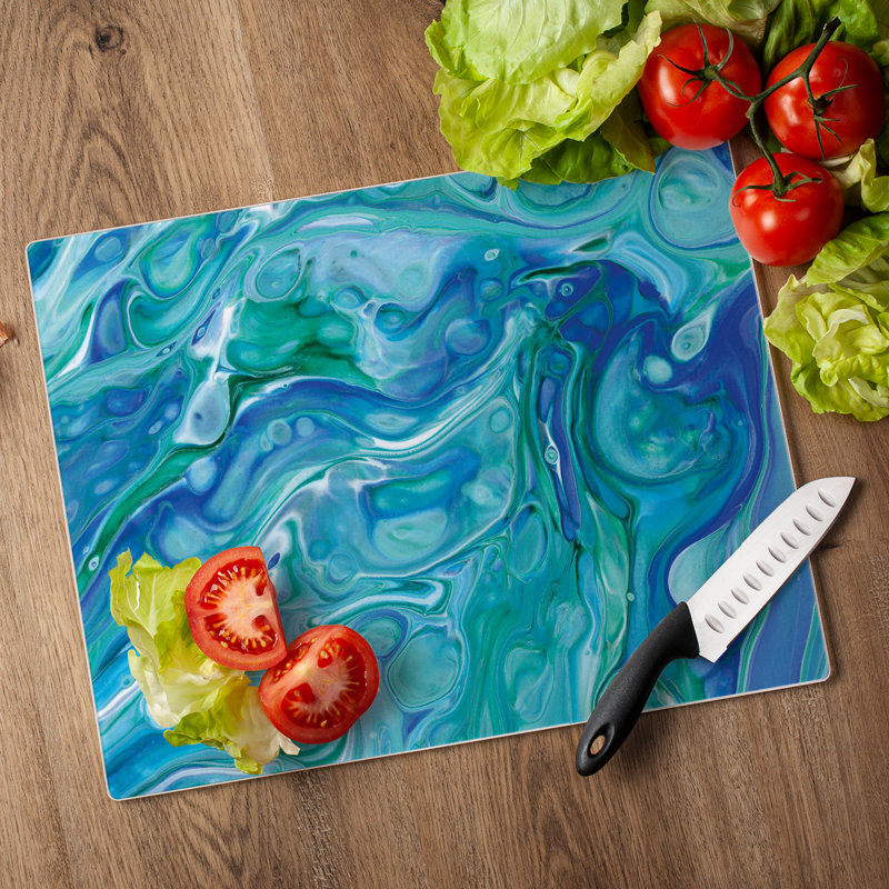 Ocean Vibe Blue Tempered Glass Rectangular Cutting Board 15" x 12"