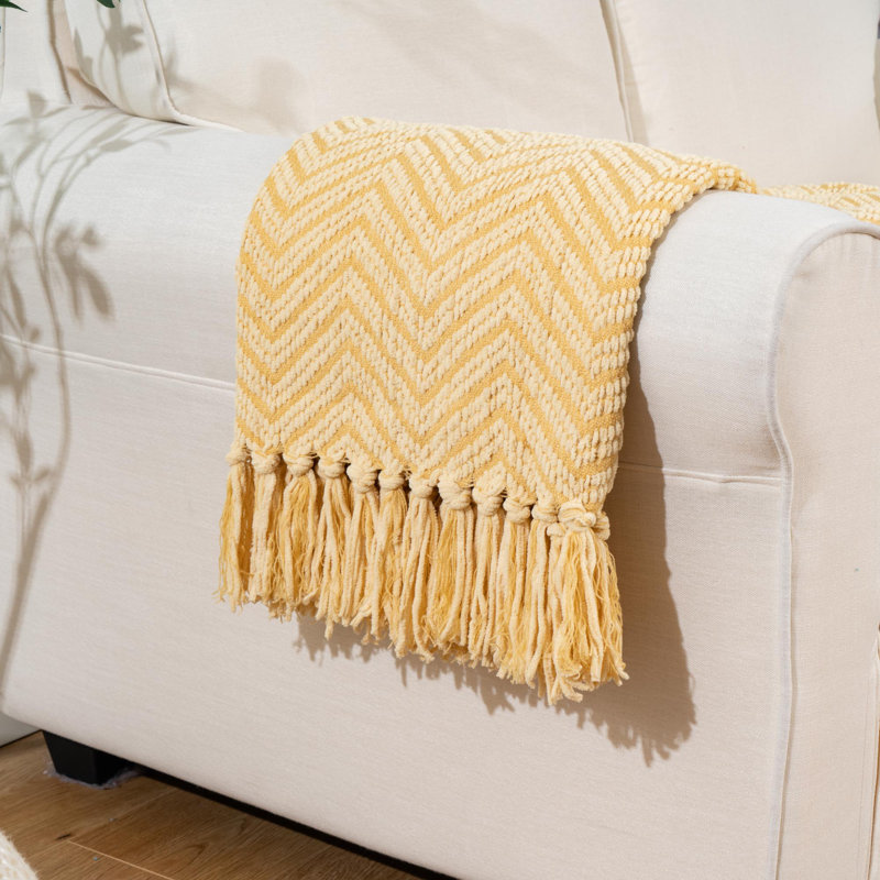 Yellow Knitted Chenille Throw Blanket, 130cm x 150cm