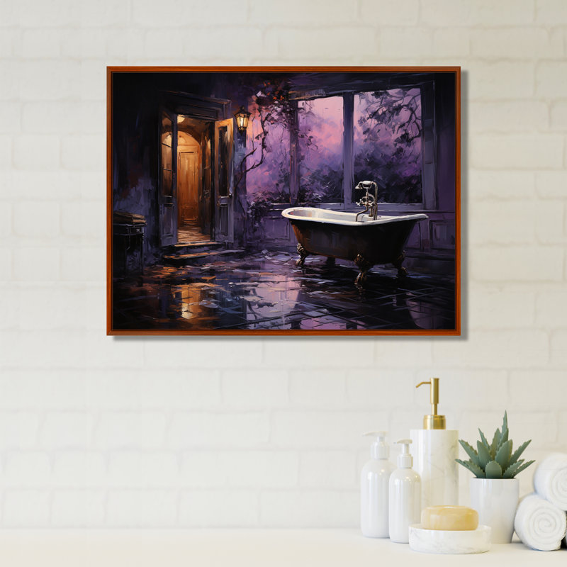 «Bathroom Midnight Serenade» - Art mural de salle de bain, H 30 po x l 40 po x P 1,5 po, Cadre flottant brun