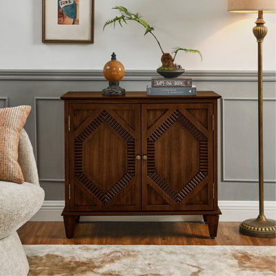 33.6" Retro Wooden Sideboard Buffet Cabinet with Storage, Symmetrical Geometric Accent Display Cabinets, Media Console Credenza for Living Room/Entryway/Dining Room/Kitchen, Walnut