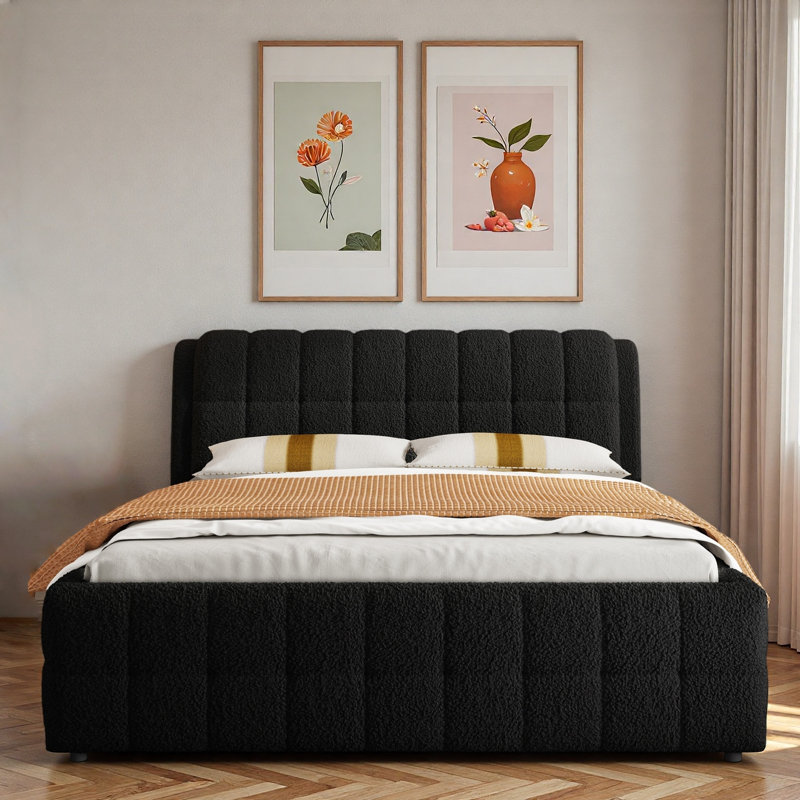 Lit plateforme tapissier avec tête de lit tapissier et pieds en métal, Très grand, Noir