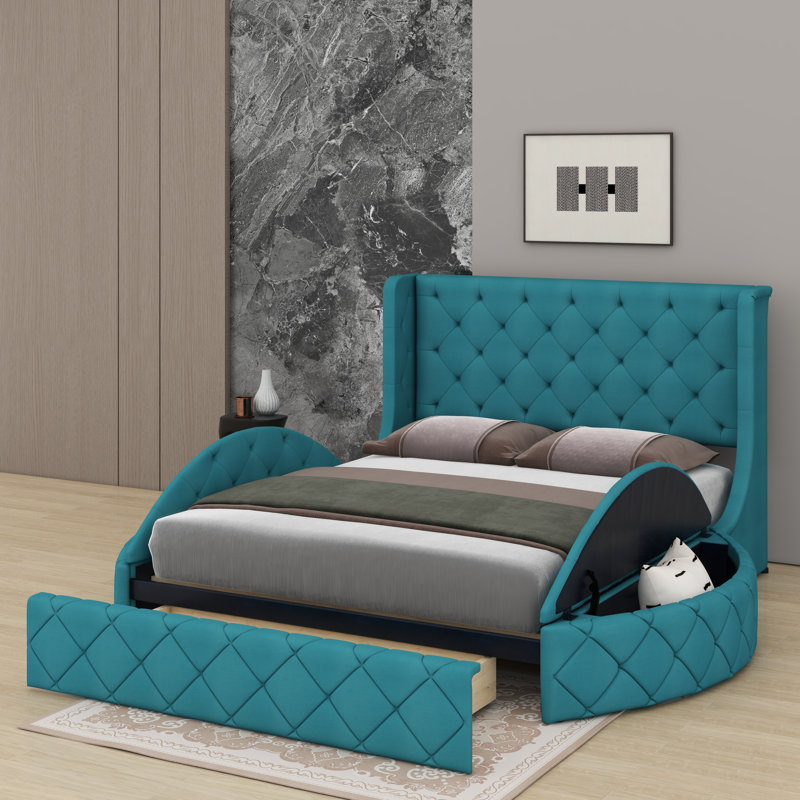 Lit plateforme tapissier en velours avec tête de lit à oreilles, 1 tiroir et 2 tabourets de rangement latéraux, Bleu