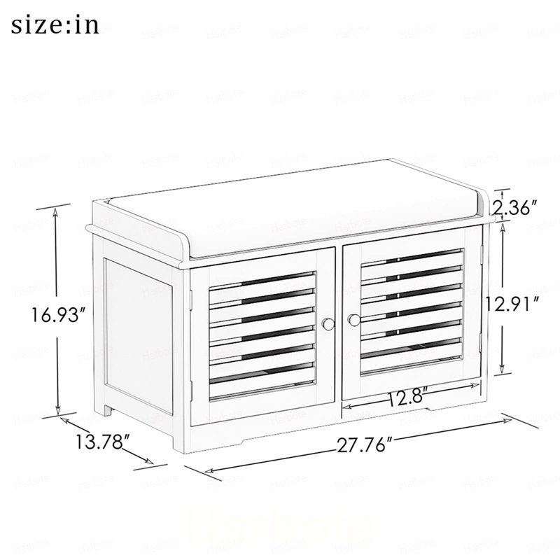 Banc de rangement pour chaussures avec coussin de siège rembourré, banc d'entrée avec 2 portes de grange