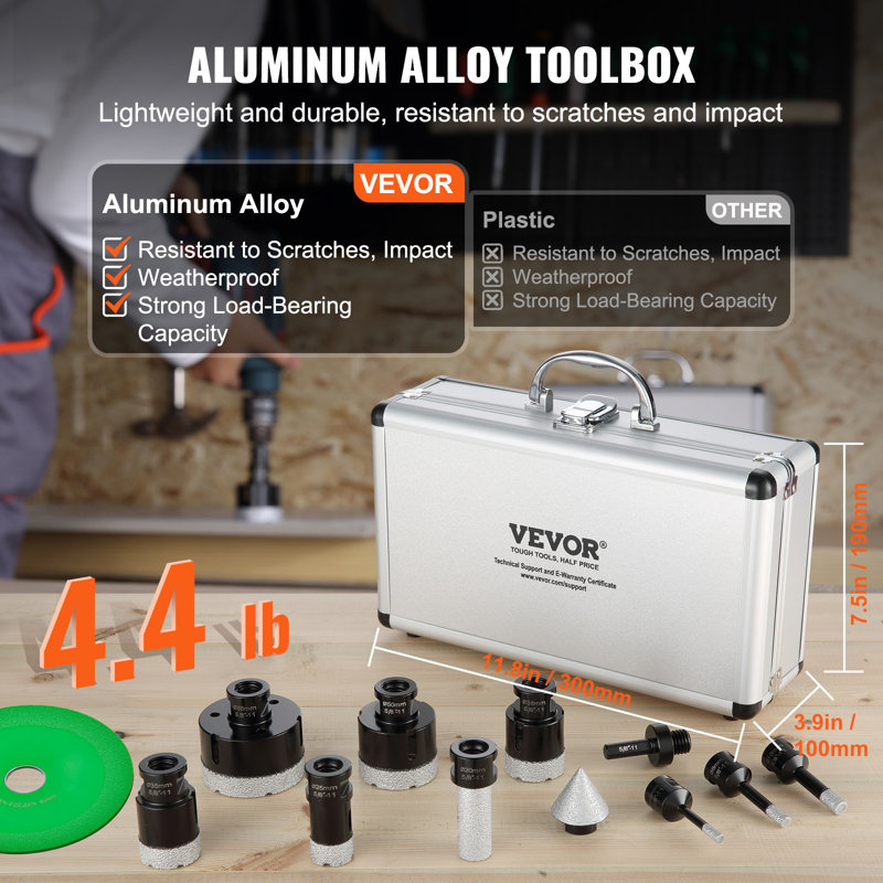 Ensemble de forets WFX Utility ™ Diamond Core, 8 pièces, 6-65mm, avec mèche à doigts et étui de rangement pour carreaux
