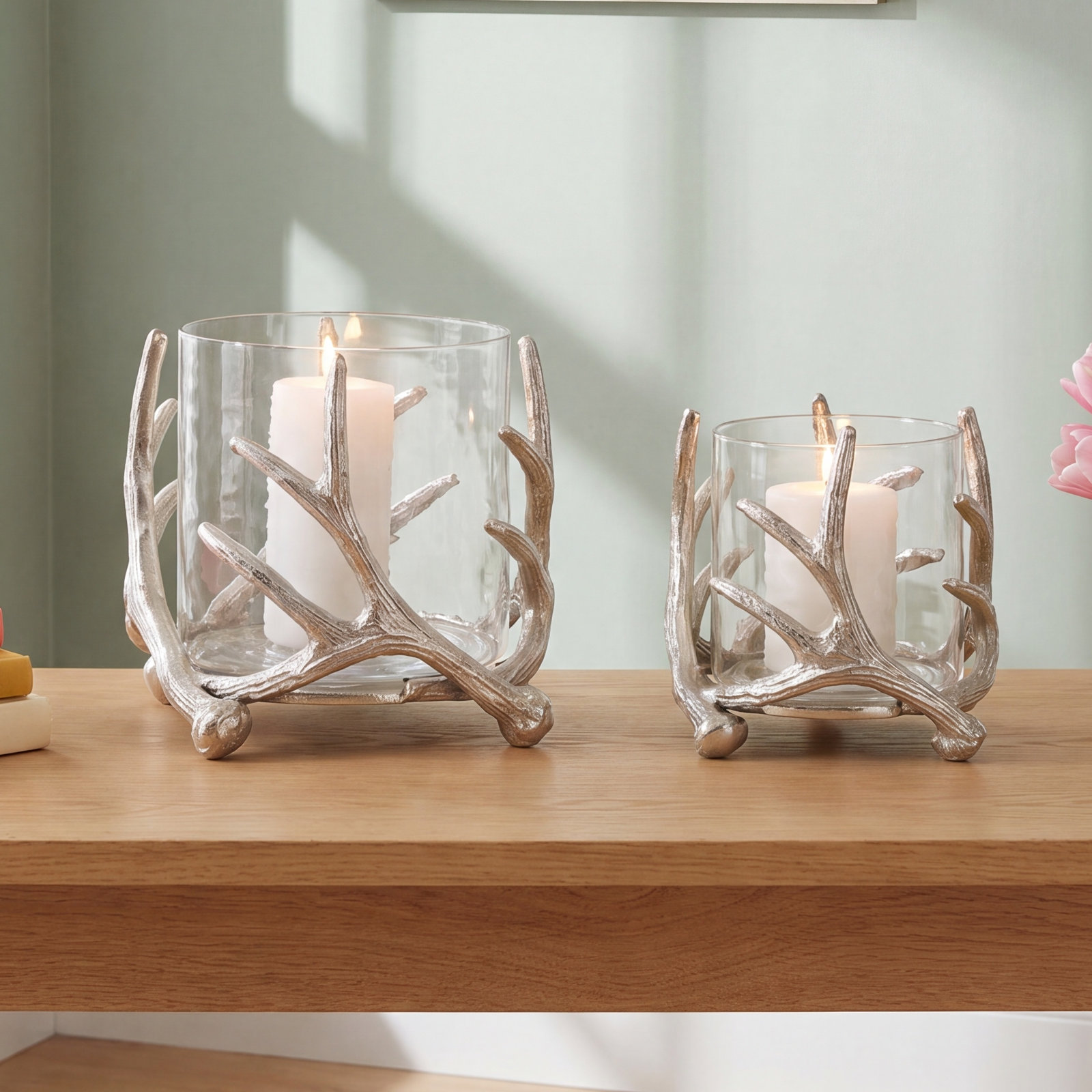 Set Of 2 Silver Antler Candleholder And Glass Votive