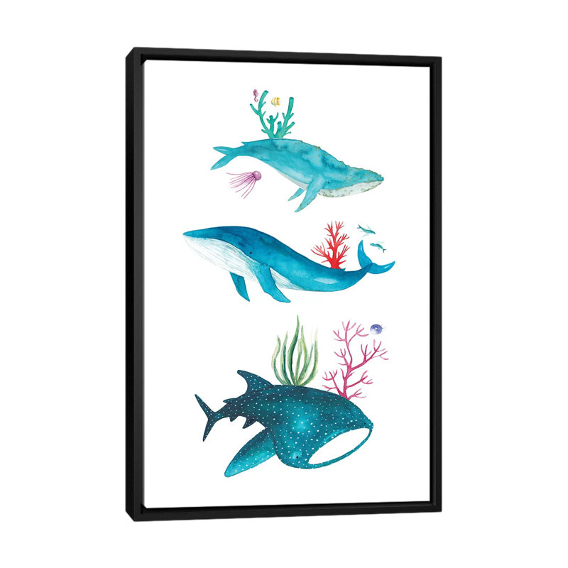 Créatures de l'océan - impression, Pas de tapis, H 60 po x l 40po x P 1,5 po, Toile avec cadre noir