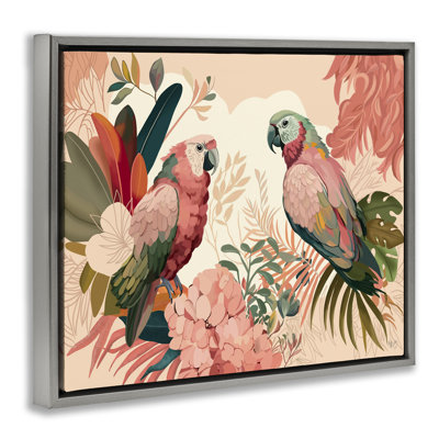 Art mural sur toile "Perroquets et feuilles roses" par Fab Funky