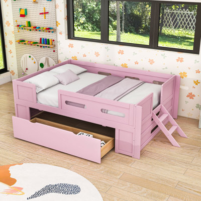 Platform Bed with Guardrail and Storage Drawer