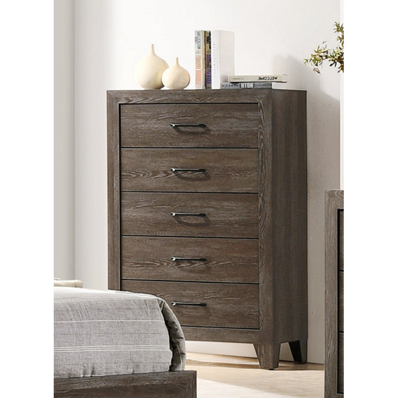 Lit coffre contemporain en bois avec cinq tiroirs, Brun