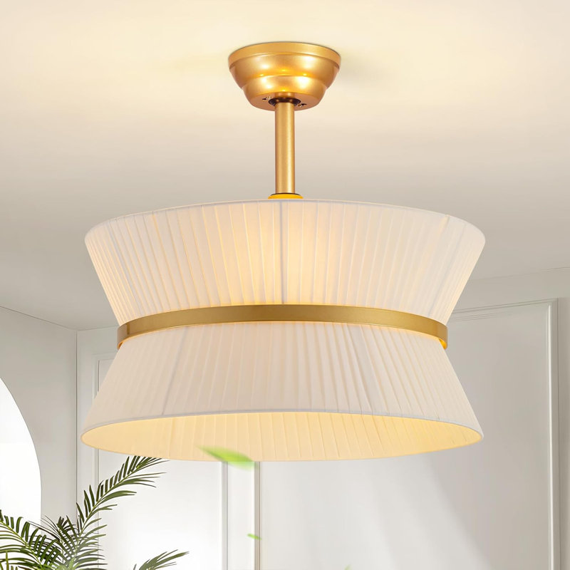 Boho Fandelier Ceiling Fan with Light and Remote Rattan Chandelier Fan Fabric Chandelier Fan Gold Caged Ceiling Fan with Light for Bedroom, Living Room Nursery Foyer Kitchen（ Timing Adjustable Height）