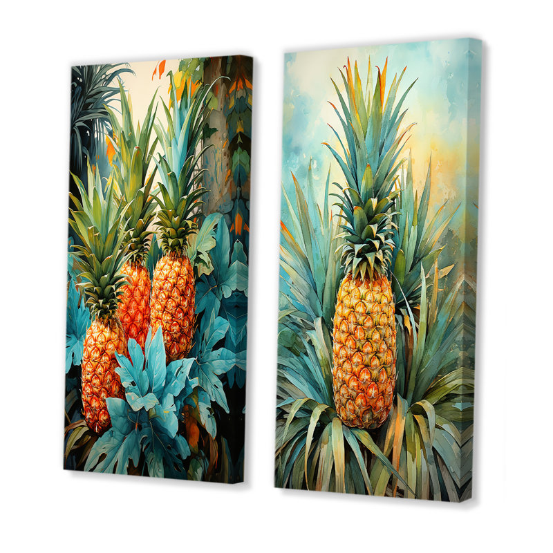 Ensemble de salon mural vert et bleu avec ananas tropicaux I - fruits, Toile tendue, H 28 po x l 25 po
