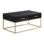 Table basse moderne avec deux tiroirs Tommy Hilfiger Ellias, plateau noir brillant, structure en métal doré