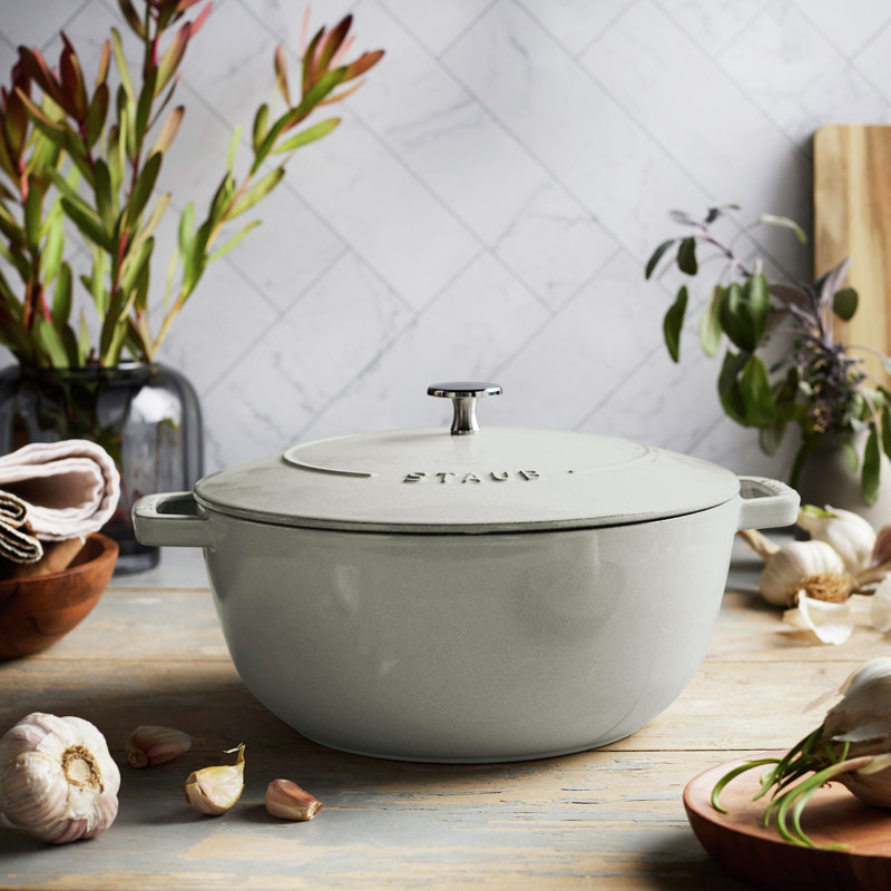 Staub Cast Iron Round Cocotte, Dutch Oven, 5.5-Quart, Serves 5-6, Made In France, Peony Pink, White Truffle