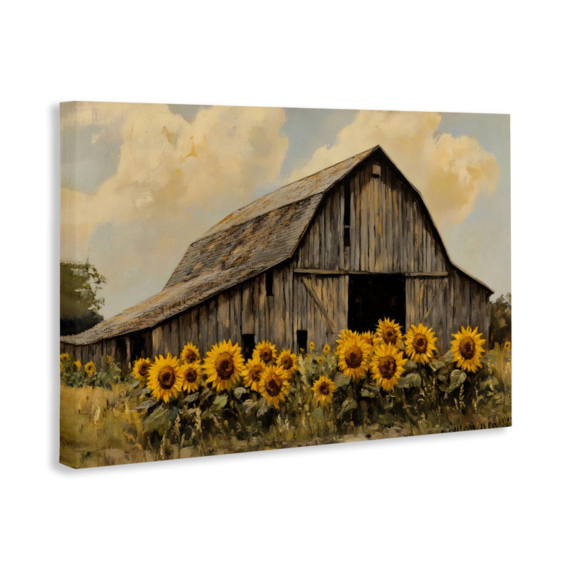 Grange sur toile de champ de tournesols, design par Franklyn Gregory, H 16 po x l 24 po