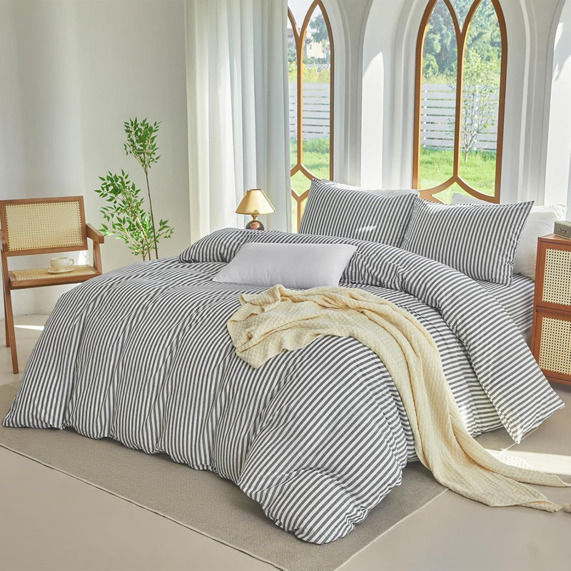 Ensemble de housse de couette à rayures 100% coton délavé, Housse de couette pour grand lit + 2 taies décora