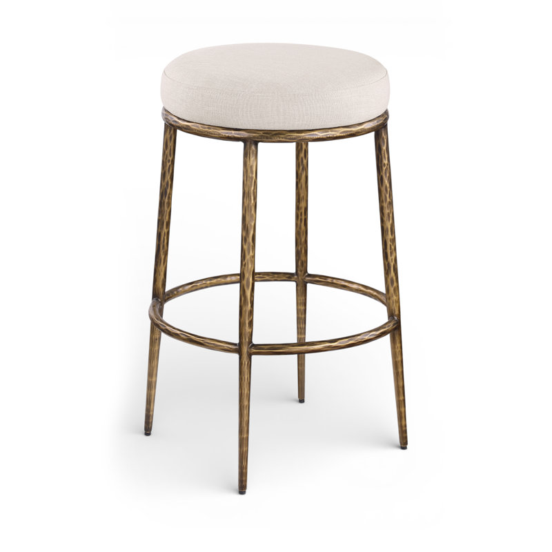 Tabouret de bar rembourré Ferro, Laiton, Tissu performance beige