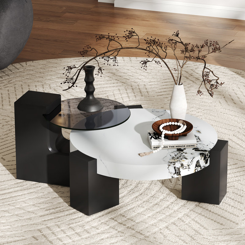 2-Piece Modern Round Nesting Coffee Table Set For Home & Apartment, 29.9" H x 29.9" L x 17.3" W, White/Black