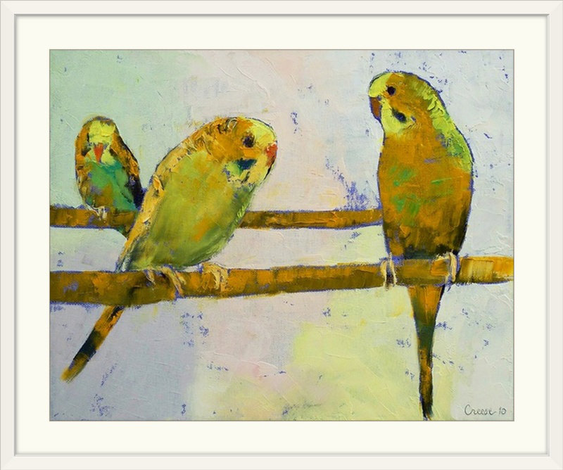 «Wireman Three Parakeets» par Michael Creese - reproduction, H 20 po x l 23 po x P 1 po, Cadre blanc