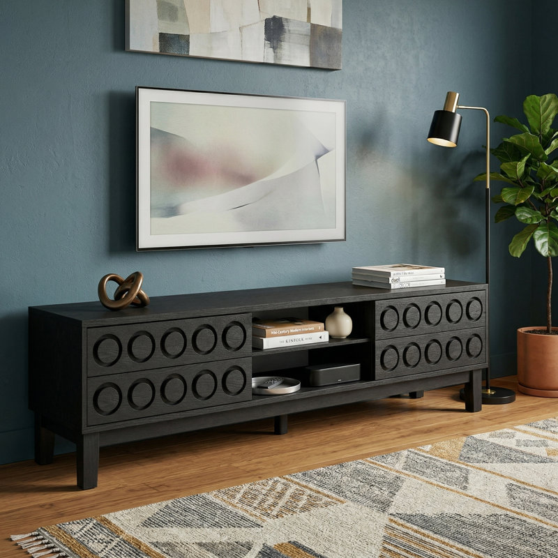 Console multimédia moderne à 4 tiroirs Mid-Century avec gestion des câbles pour téléviseurs de 75 po ou moins, Noir + gris