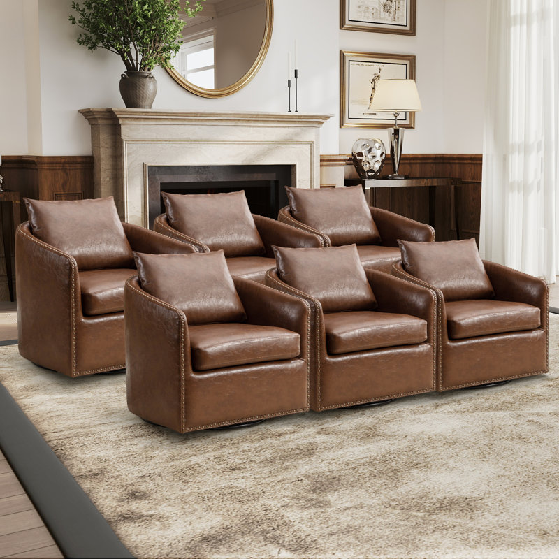 27.6" Wide Modern Soft Upholstered Nailhead Trim Removable Cushion Recessed Arm Barrel Chair With Swivel (Set of 6)