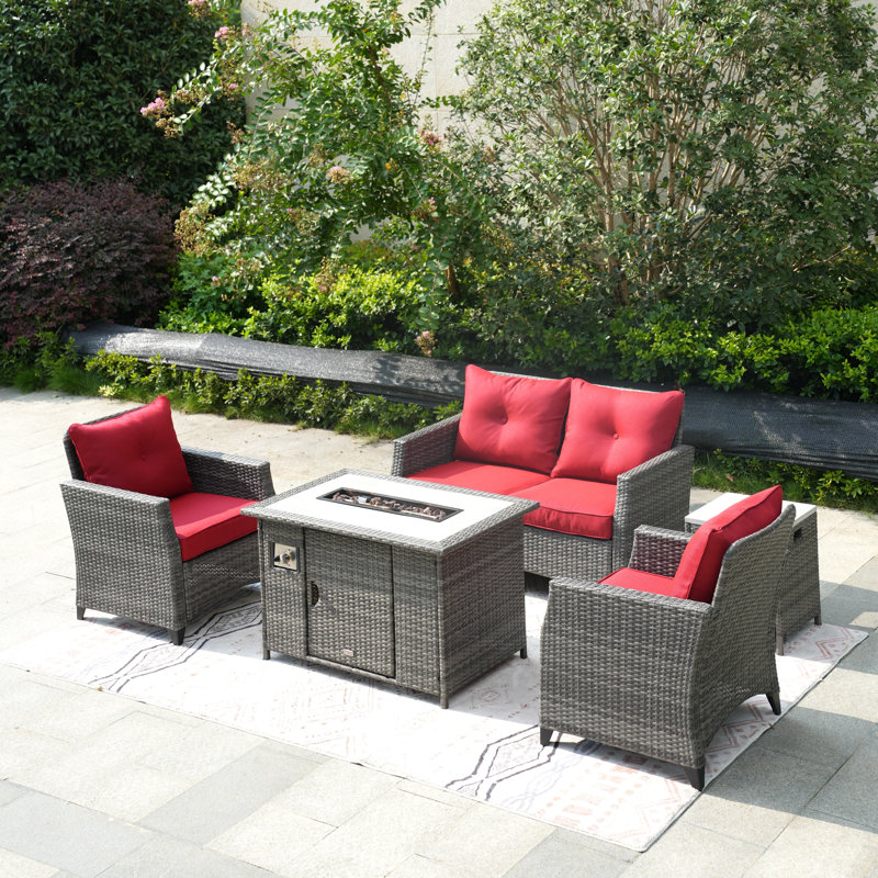 Ensemble de patio complet 5 pièces avec coussins, Rouge
