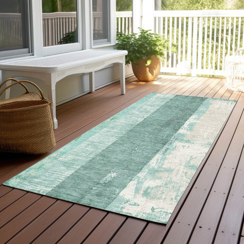Machine Washable Indoor/Outdoor Cinead ACN1689 Seafoam Rug, Runner 2'3" x 7'6"