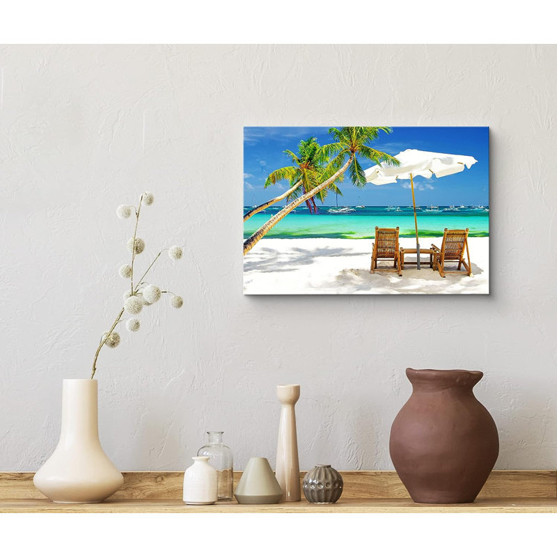 Nature tropicale sur la plage avec des bateaux, nature sauvage - photographie sur toile tendue, H 32 po x l 48 po x P 1,5 po