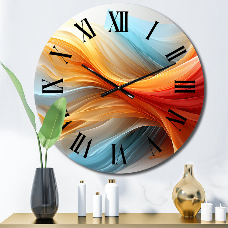 Horloge murale contemporaine à vagues abstraites orange et bleu, Moyenne