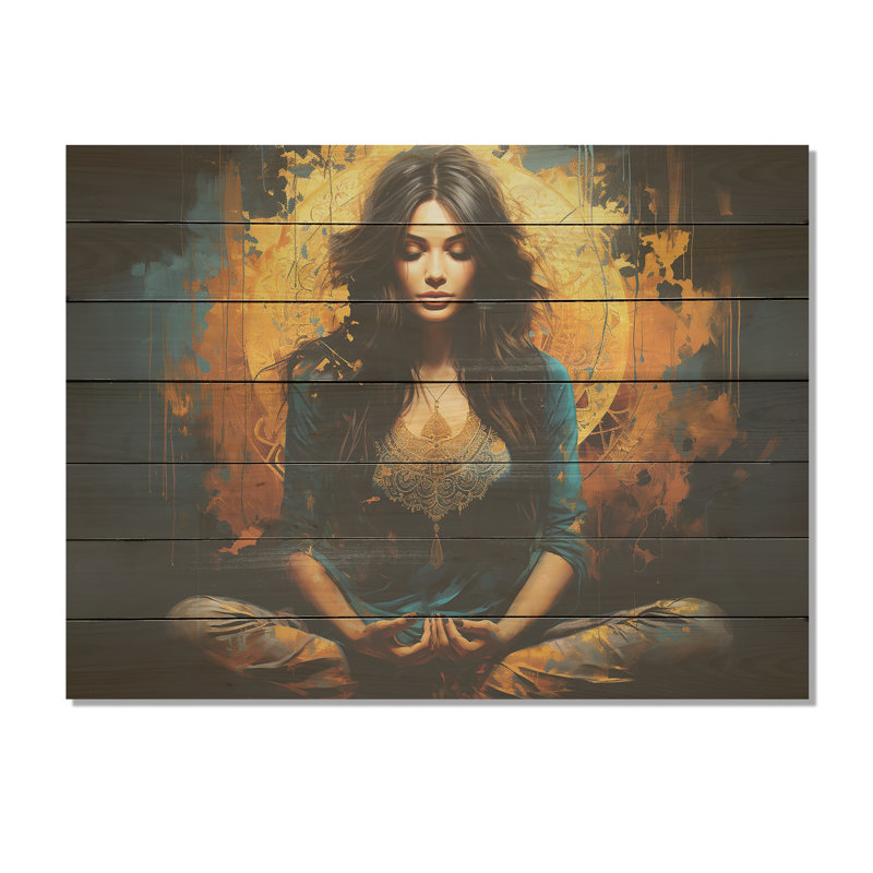 Yellow And Green Yoga Bliss I - Yoga On Wood Print, 10" H x 20" W x 0.78" D