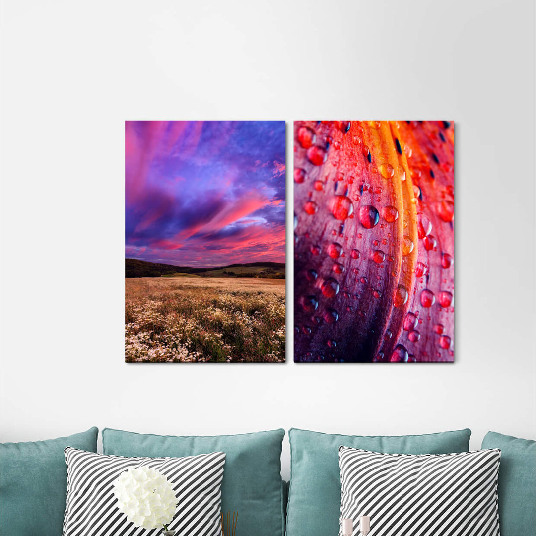 2-tlg. Leinwandbilder-Set - Fotografie „Summer Meadow Mountains Pink Clouds Raindrops Blossom Horizon Relaxing”