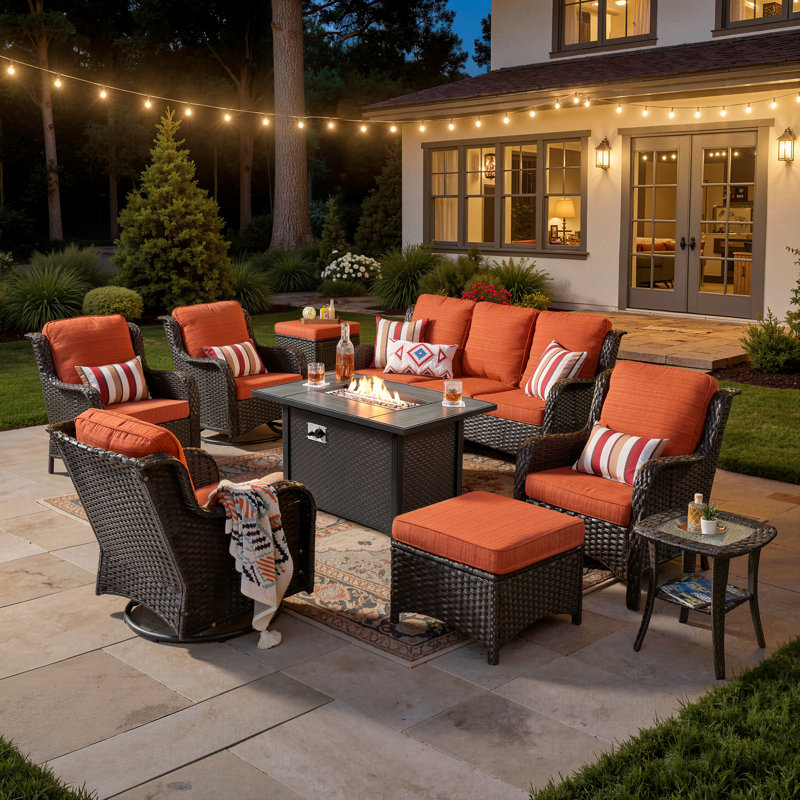 Amerissa 7 - Person Patio Conversation Set with Cushions, Orange Red, Brown