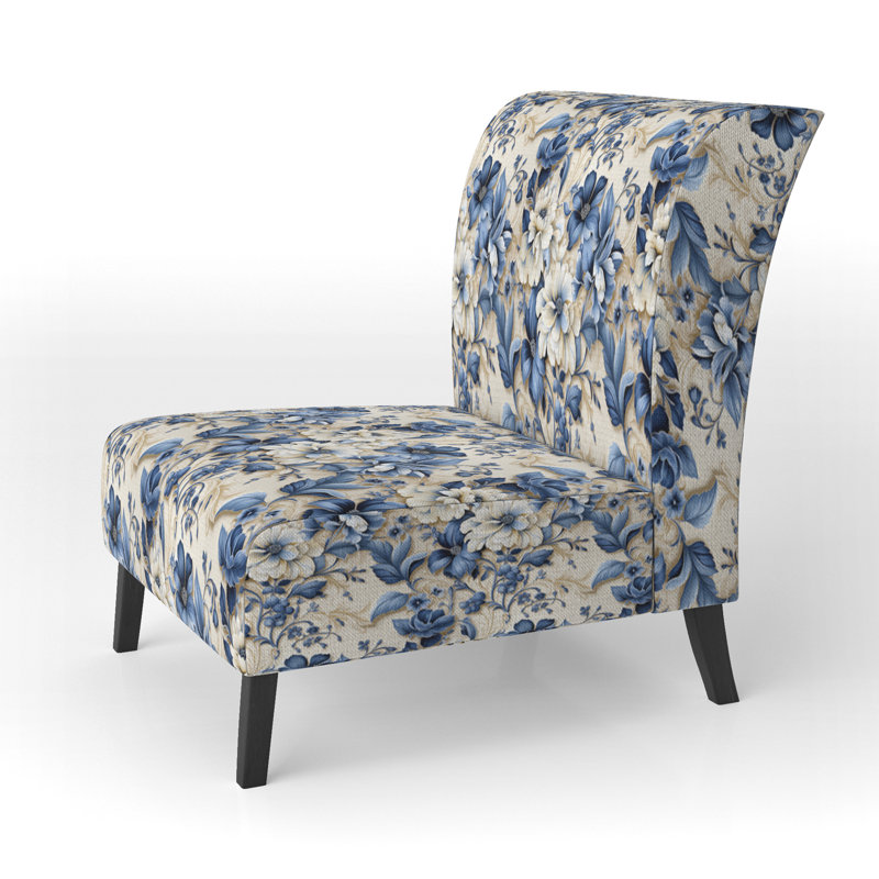 Victorian Blue And White Flowers Damask - Upholstered Traditional Slipper Chair, Blue Accent Chair
