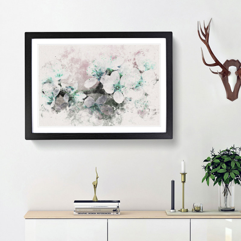 White Cherry Blossom Tree In Bloom Watercolour - Picture Frame Graphic Art, 35cm H x 50cm W x 2cm D, Black