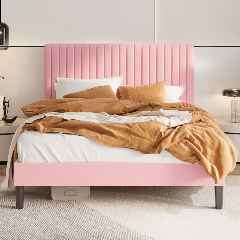 Lit plateforme tapissier en velours avec tête de lit capitonnée verticale ajustable, Double, Rose