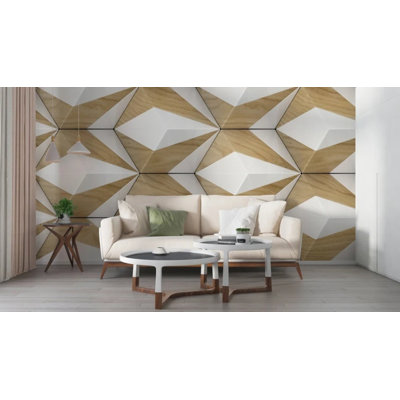 3D Hexagon Diamond Geometric Wallpaper – Modern Wood and White Faceted Panel Pattern