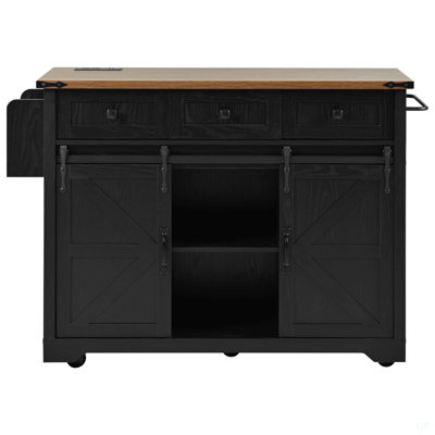 53.7" Farmhouse Kitchen Island With Power Outlet, 2 Sliding Barn Door Kitchen Storage Island With Drop Leaf, Spice Rack Rolling Kitchen Cart On Wheels, For Home, Kitchen And Dining Room