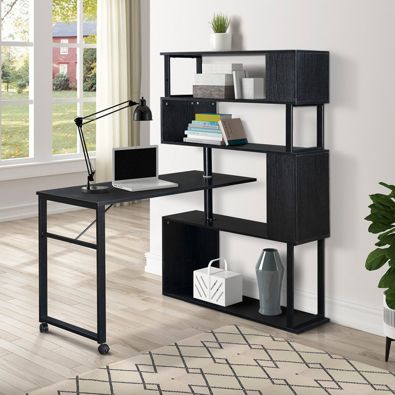 Home Office Computer Desk L-Shaped Corner Table, Rotating Computer Table With 5-Tier Bookshelf, Four Installation Methods, Lockable Casters (Black)