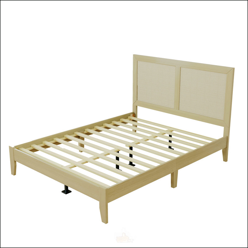 Lit plateforme en bois massif avec rotin, Grand lit