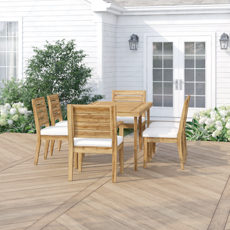 Ajoloko 7 Piece Dining Set with Cushions, Natural Frame / Beige Cushion