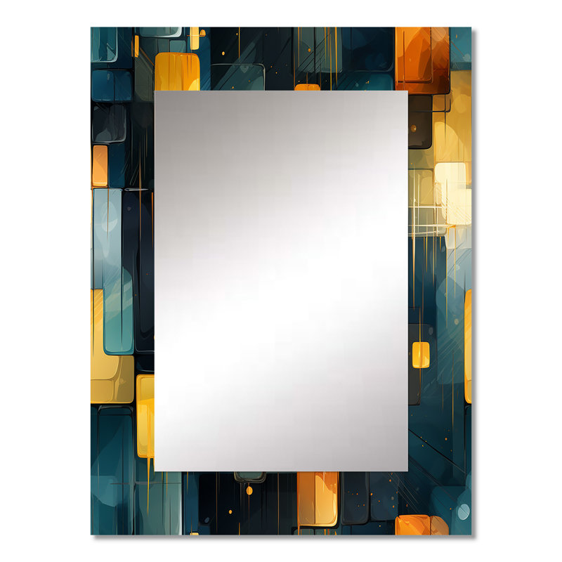 Yellow And Teal Abstract Geometric Fusion - Geometric  Decorative Mirror, Geometric Wall Mirror, Printed Metal Art, 32" x 24"