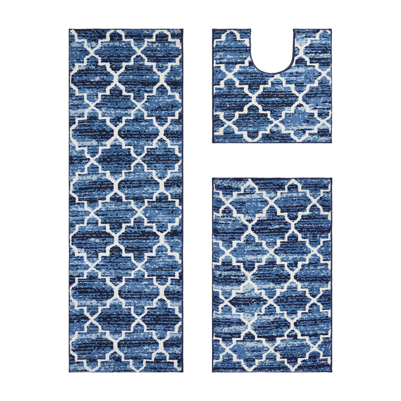 Ensemble de tapis de salle de bain 3 pièces à envers doux, absorbant et antidérapant Nolynn, Bleu