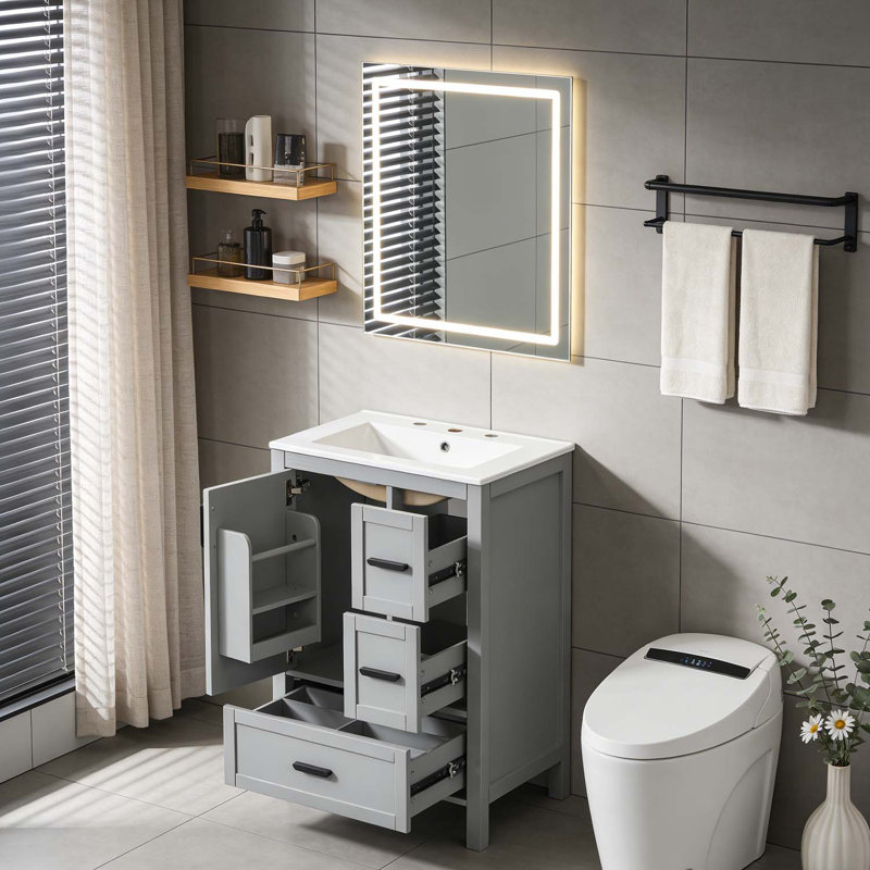 24-Inch Bathroom Vanity with Ceramic Sink, Gray