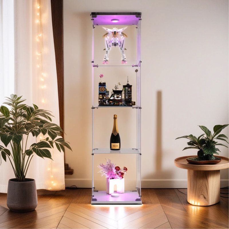 Vitrine lumineuse en verre à 4 tablettes, blanc - pour objets d'art avec 4 tablettes