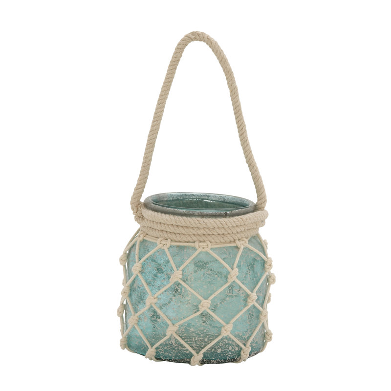 Lanterne de table en verre, Bleu turquoise, H 15 po x l 7 po x P 7 po