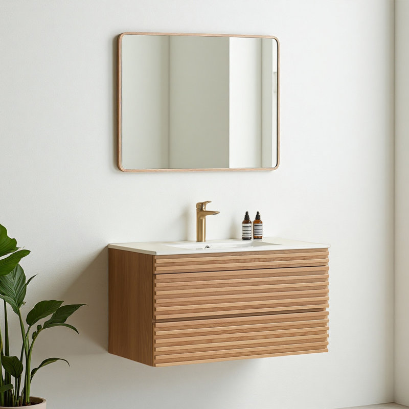 Wall-Mounted Bathroom Vanity with Single Ceramic Sink, Modern Slatted Front, Natural Wood Finish,Soft-Close Drawers for Bathroom